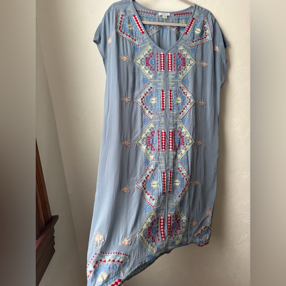 Sundance Blue Boho Embroidered Long Tunic Top Large Asymmetrical Hem - Picture 3 of 7